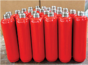 Red Specialty Gas Cylinders ordered in rows